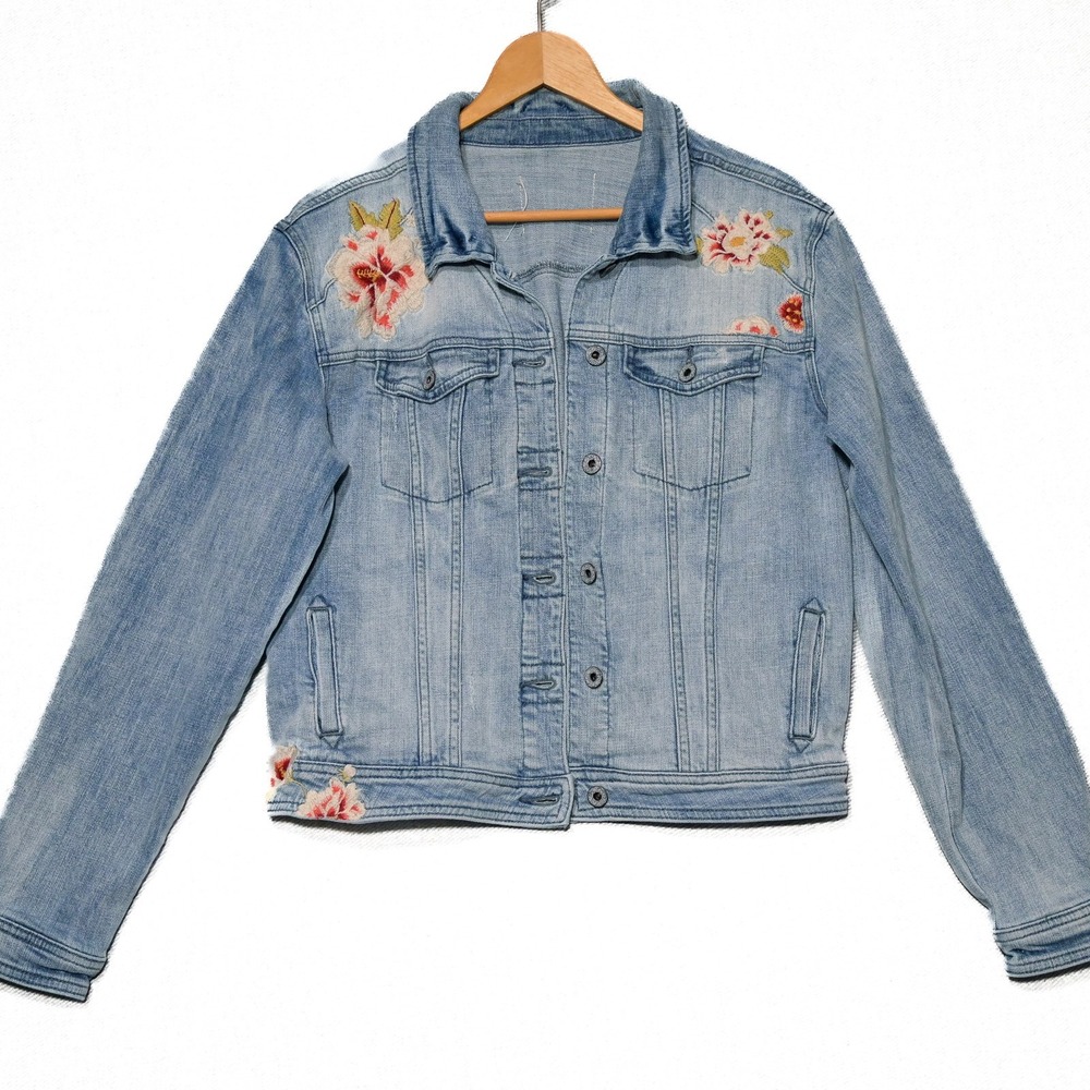 Sundance Denim Jacket Womens Floral Embroidered Stretch Light Wash L Blue